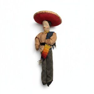 VTG 10" Folk Doll Mexican Sombrero Poncho Serape Fiesta Carnival Cloth Hand Made